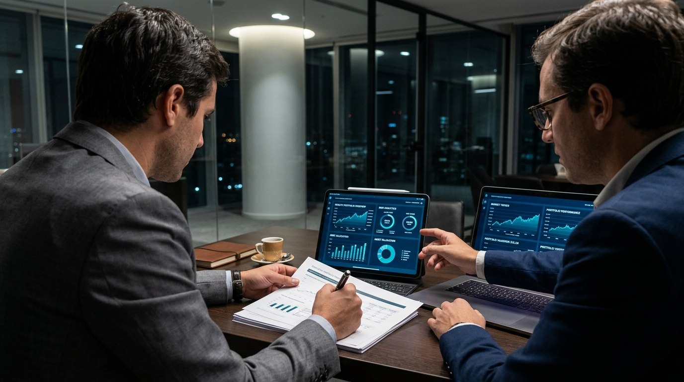 Profesionales analizando información financiera corporativa